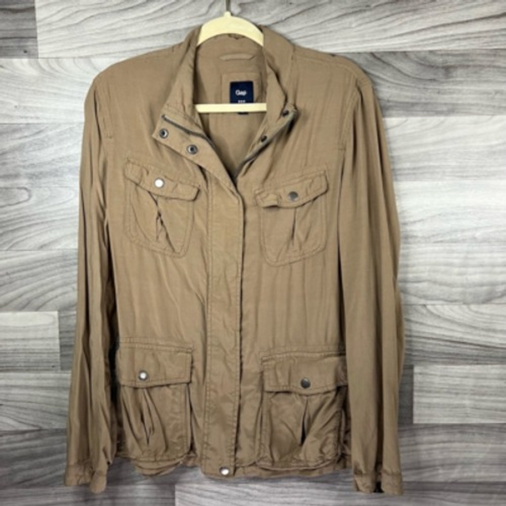 Gap Womens‎ Cargo Jacket Brown Pockets Mock Neck Zipper Snap XL Shacket